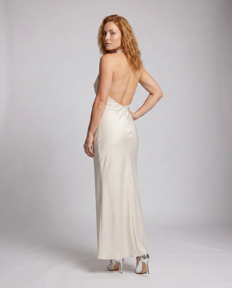 Damen elegantes Satin-Maxikleid mit schicker Rückenöffnung