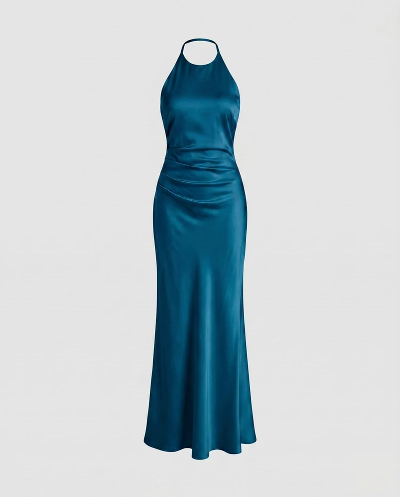 Damen elegantes Satin-Maxikleid mit schicker Rückenöffnung