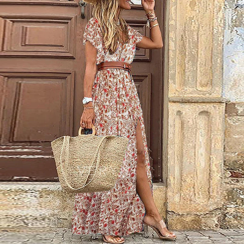 Damen Maxikleid mit seitlichem Schlitz und V-Ausschnitt Nord Taschen
