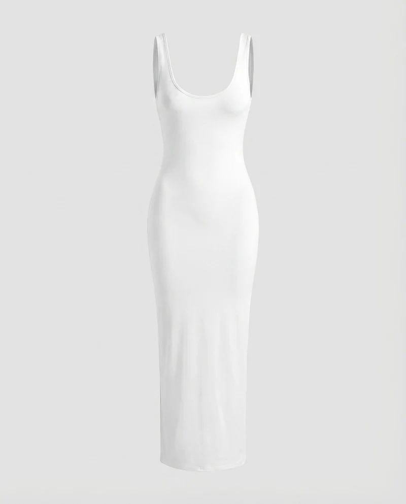 Damen Bodykleid Formende Passform Tiefer Rundhals Knöchellang