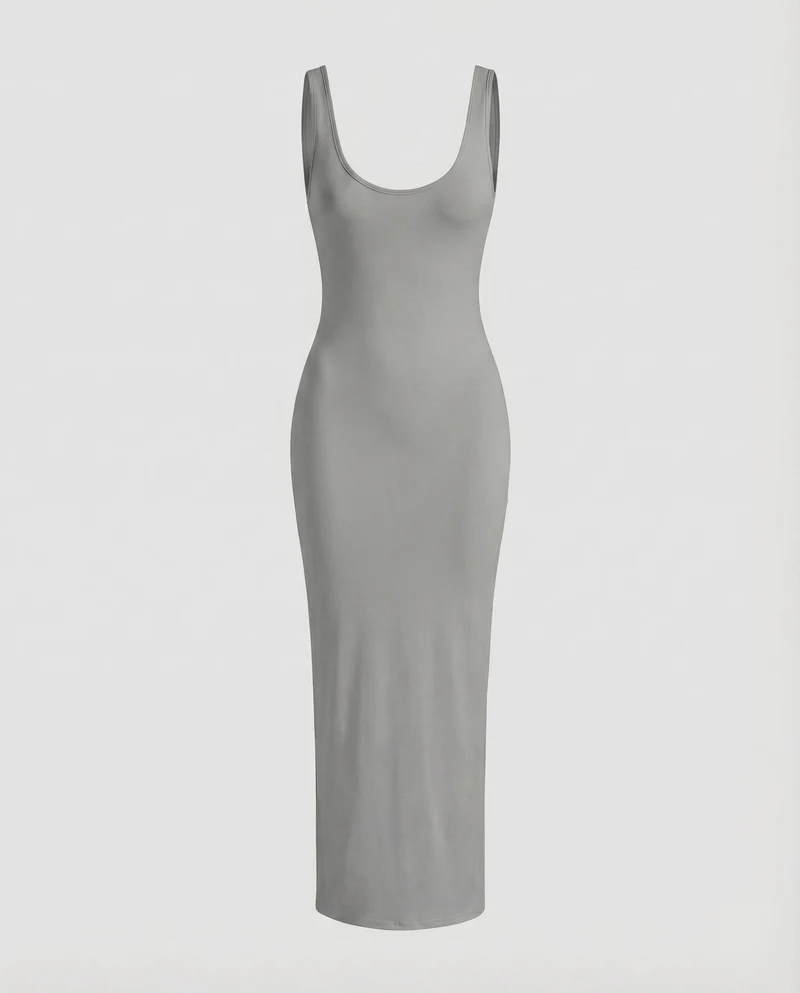 Damen Bodykleid Formende Passform Tiefer Rundhals Knöchellang
