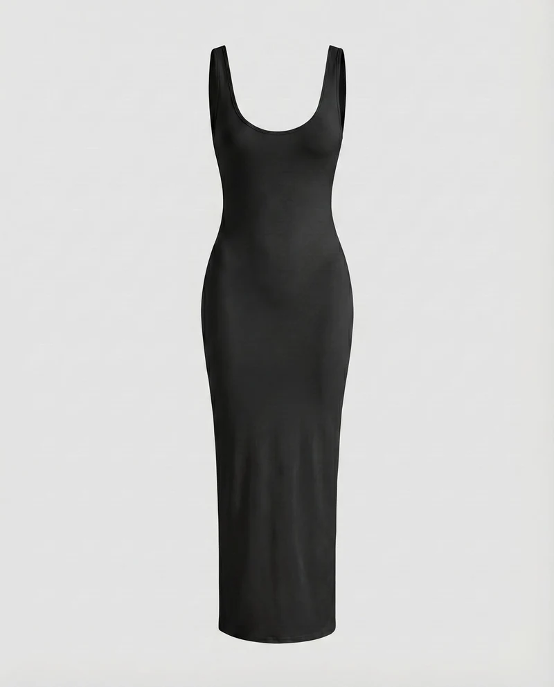 Damen Bodykleid Formende Passform Tiefer Rundhals Knöchellang