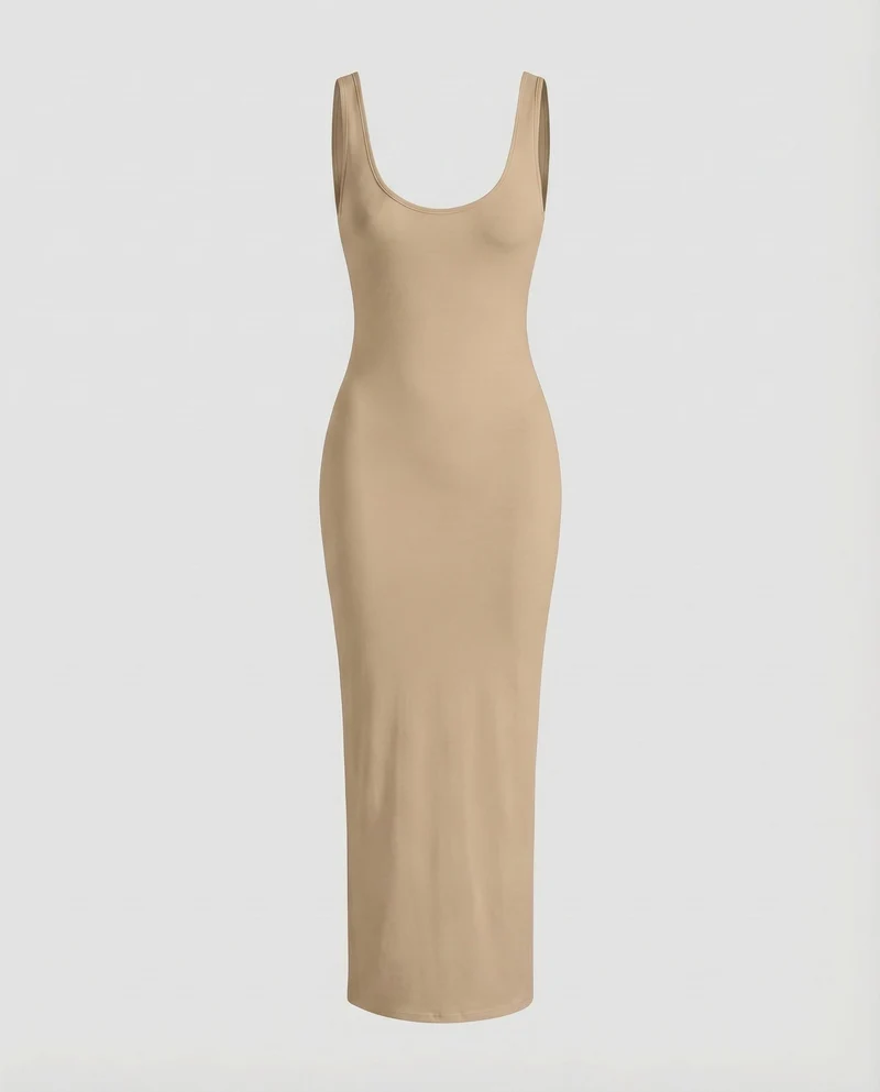 Damen Bodykleid Formende Passform Tiefer Rundhals Knöchellang