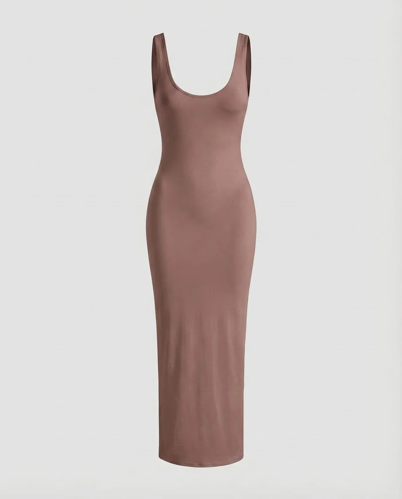 Damen Bodykleid Formende Passform Tiefer Rundhals Knöchellang