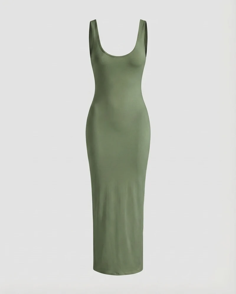 Damen Bodykleid Formende Passform Tiefer Rundhals Knöchellang