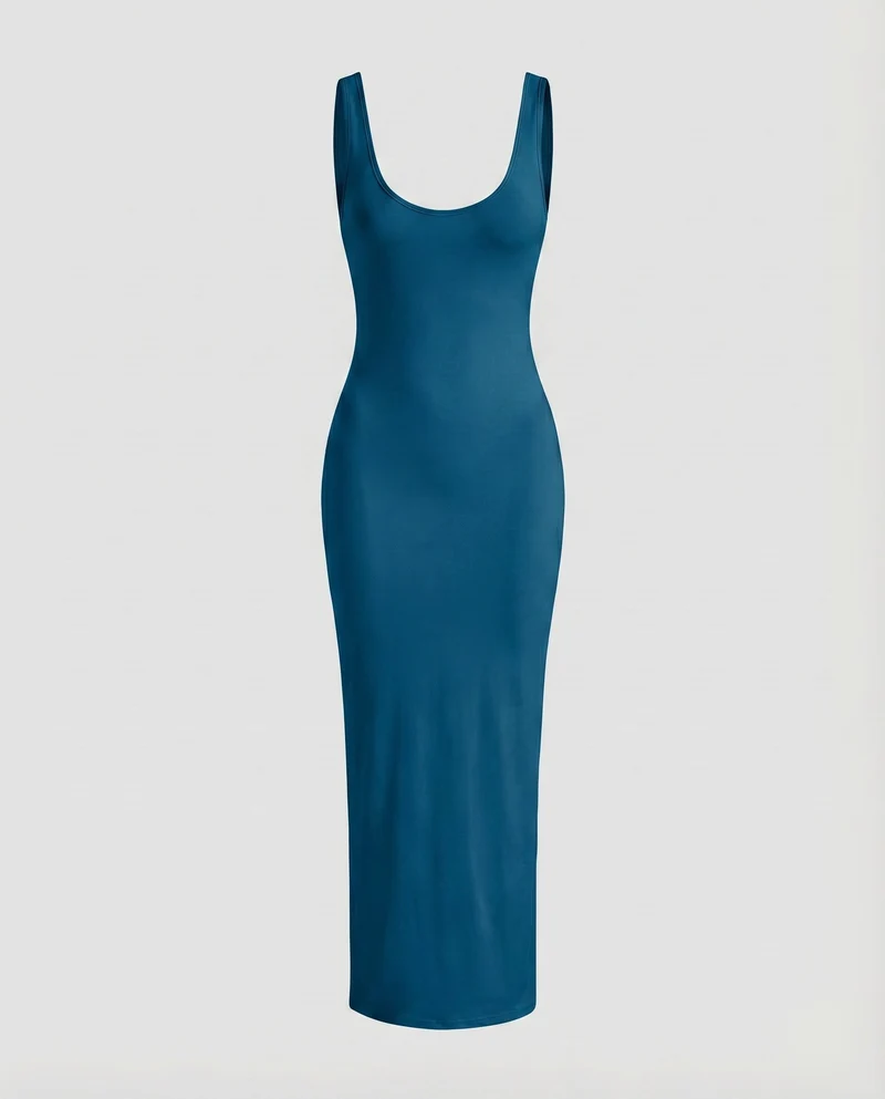 Damen Bodykleid Formende Passform Tiefer Rundhals Knöchellang