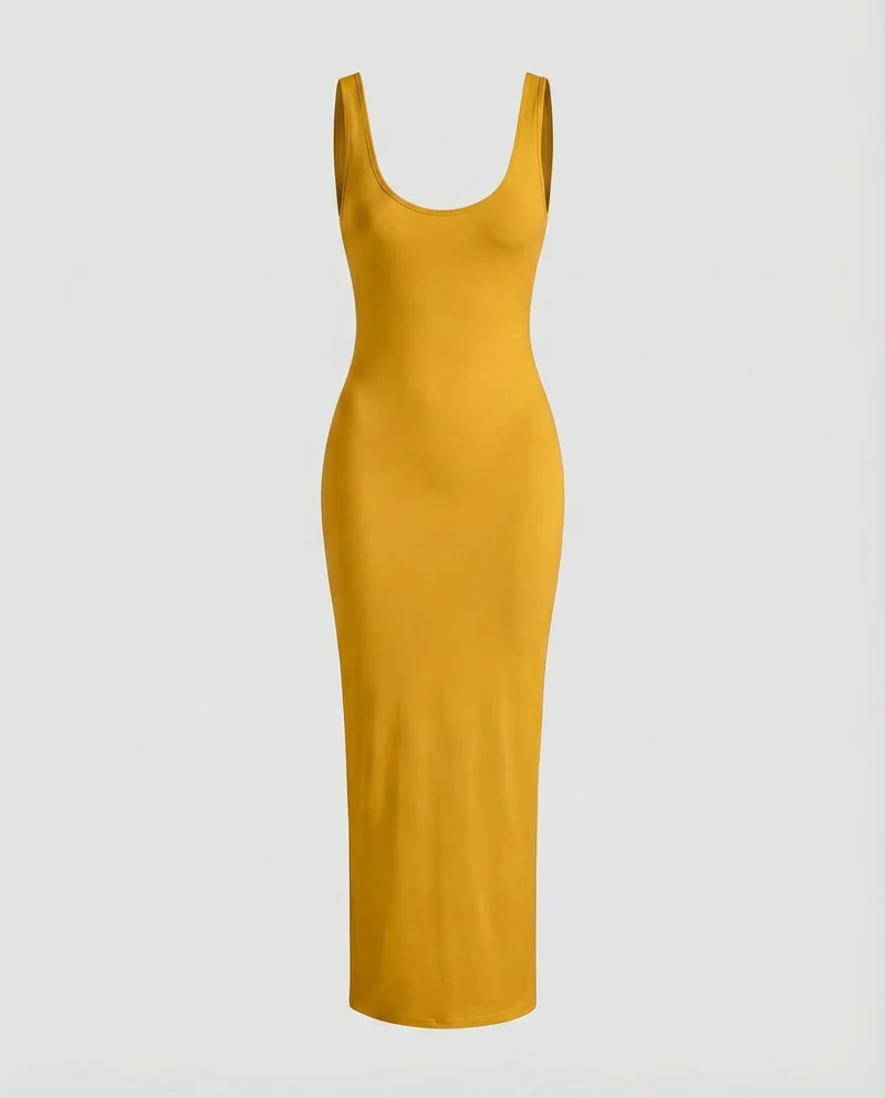 Damen Bodykleid Formende Passform Tiefer Rundhals Knöchellang