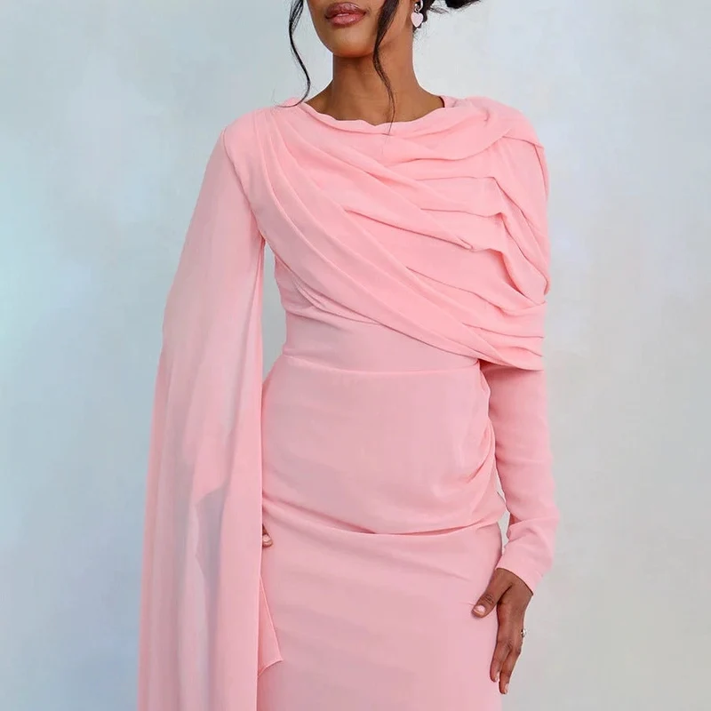 Damen Elegantes Maxi-Kleid mit drapierter Schultergestaltung und langem Arm Nord Taschen