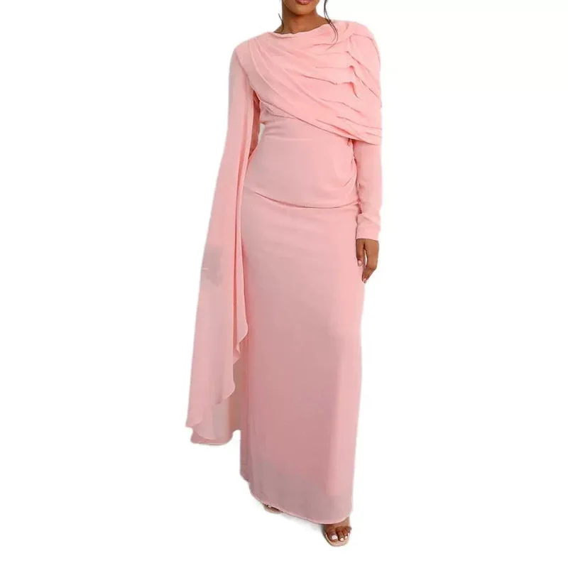Damen Elegantes Maxi-Kleid mit drapierter Schultergestaltung und langem Arm Nord Taschen