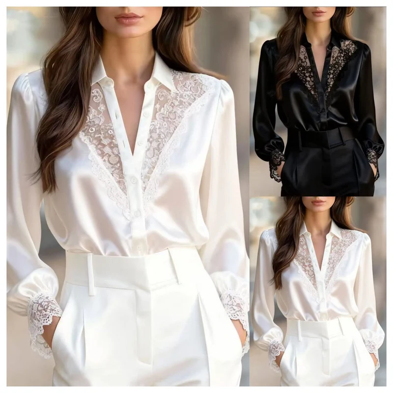 Damen elegante Bluse mit romantischen Spitzenakzenten