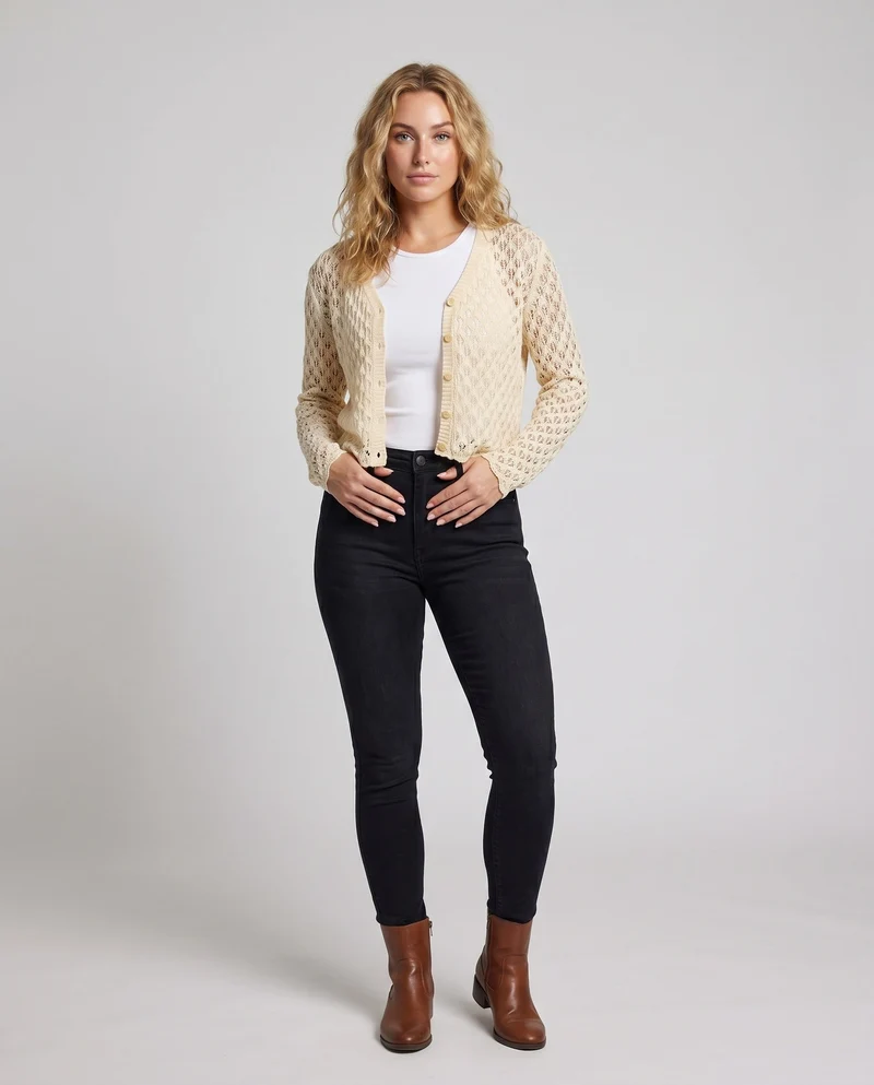 Damen luftige Strickjacke mit V-Ausschnitt und zartem Kirschmuster
