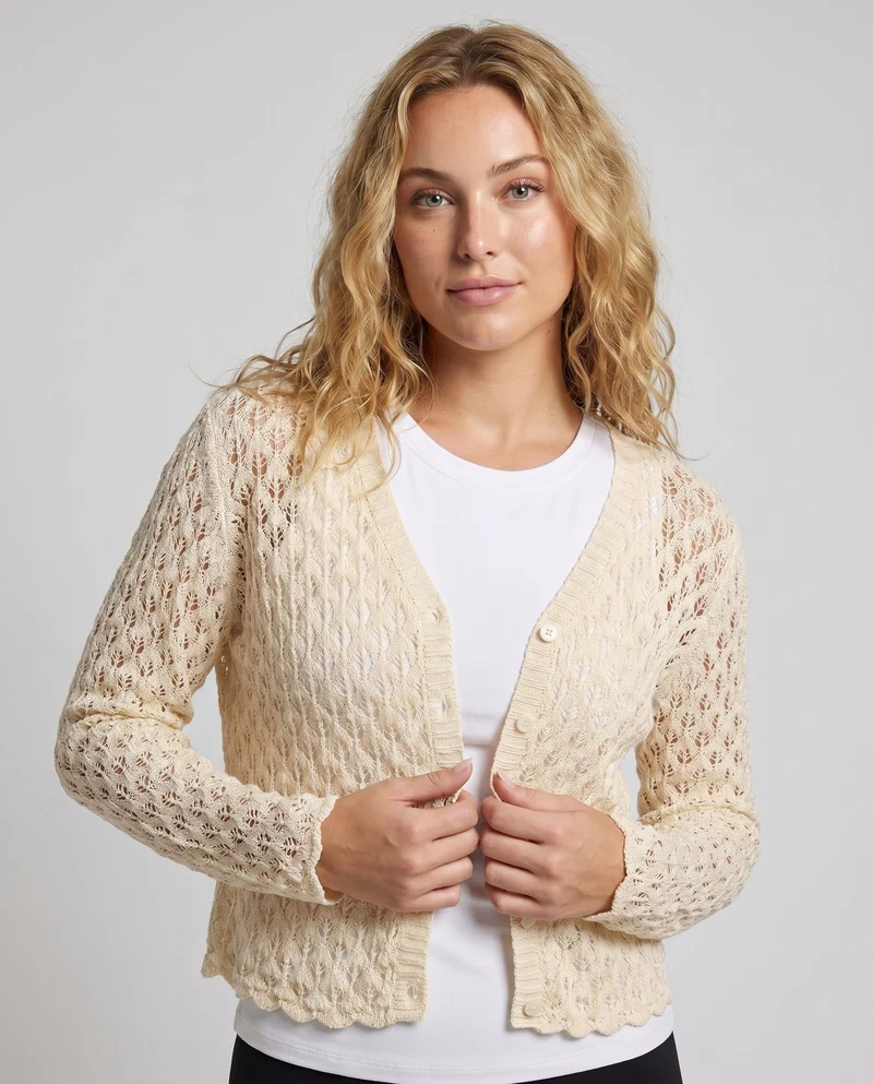 Damen luftige Strickjacke mit V-Ausschnitt und zartem Kirschmuster