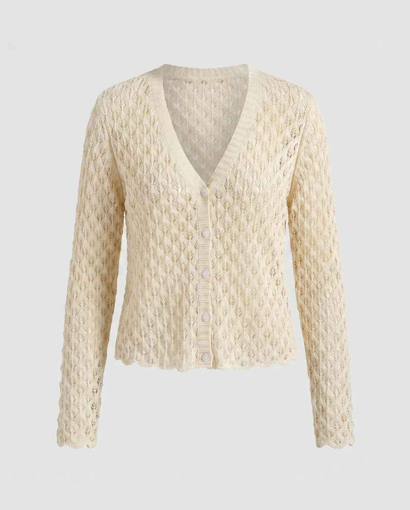 Damen luftige Strickjacke mit V-Ausschnitt und zartem Kirschmuster