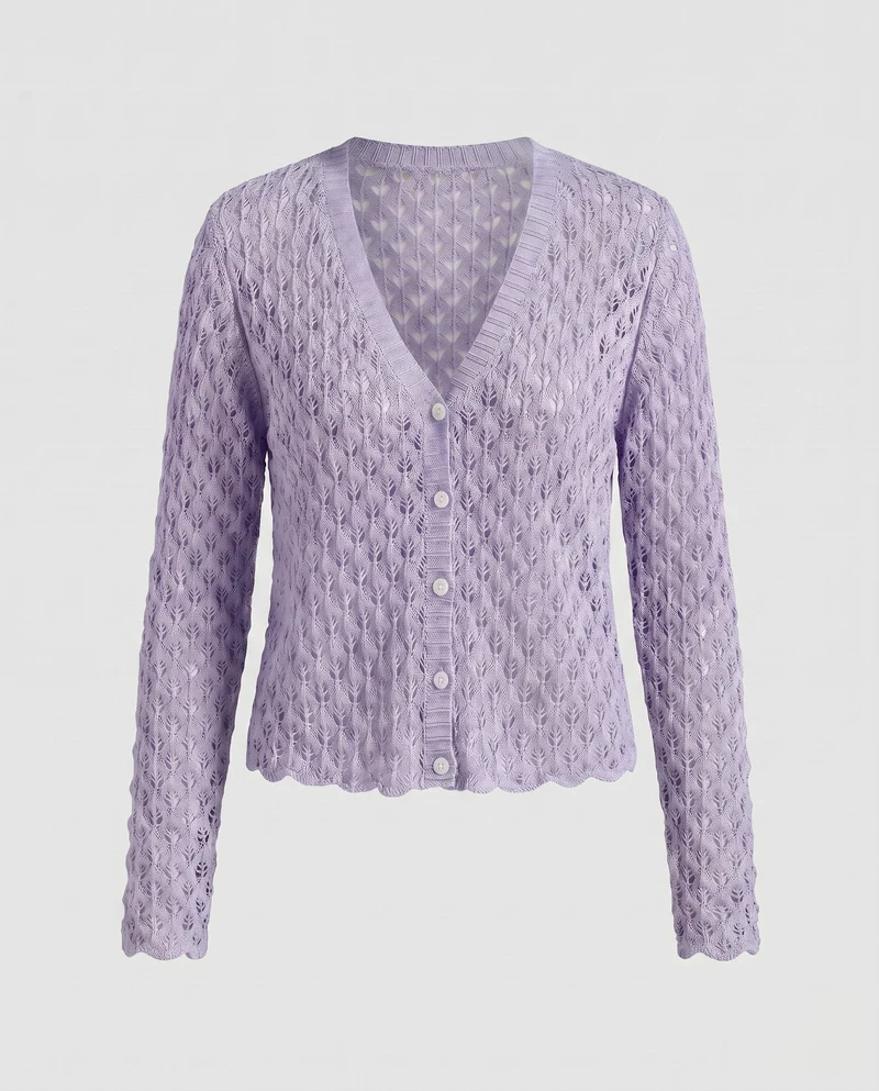 Damen luftige Strickjacke mit V-Ausschnitt und zartem Kirschmuster