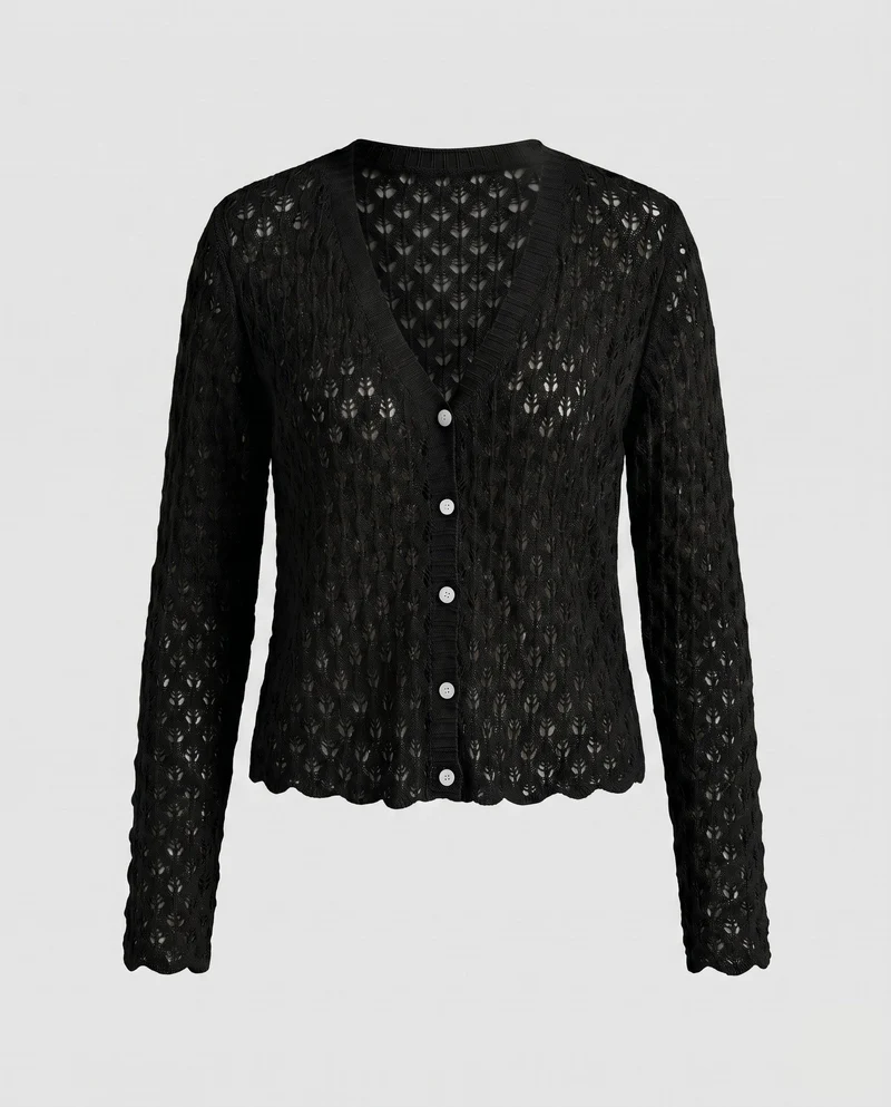 Damen luftige Strickjacke mit V-Ausschnitt und zartem Kirschmuster