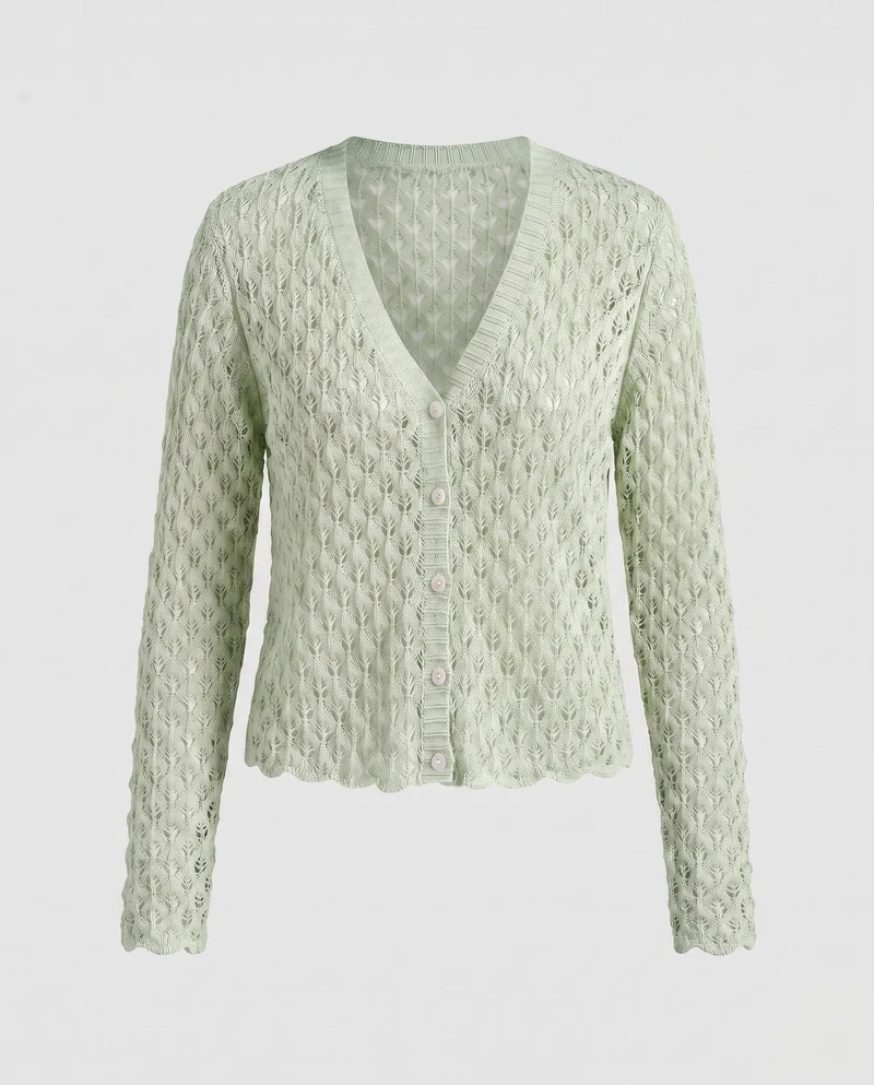 Damen luftige Strickjacke mit V-Ausschnitt und zartem Kirschmuster