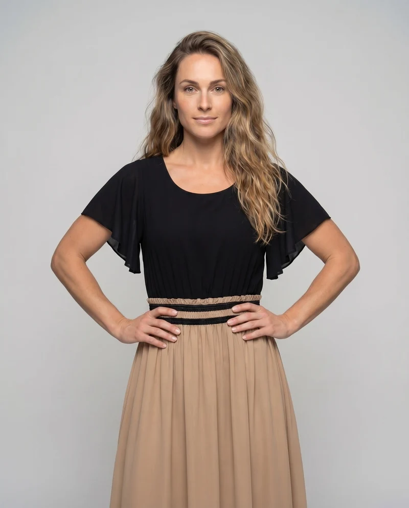 Damen Midaxi-Kleid Rüschenbund Flügelärmel Faltenrock