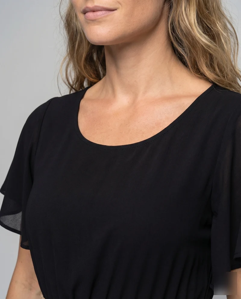 Damen Midaxi-Kleid Rüschenbund Flügelärmel Faltenrock