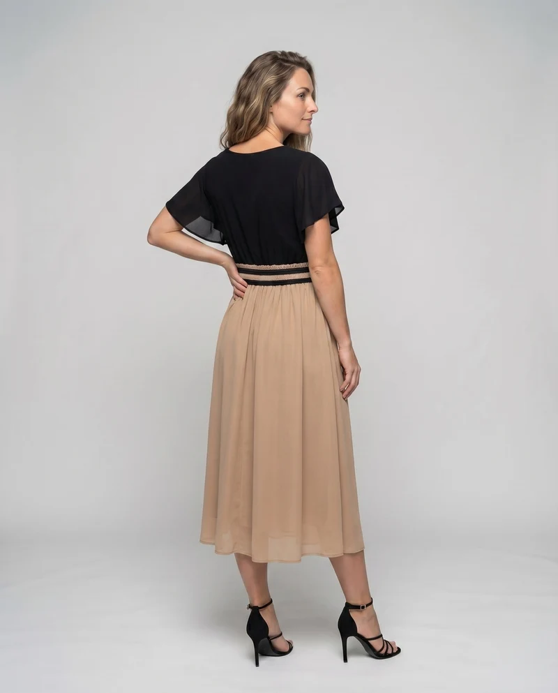 Damen Midaxi-Kleid Rüschenbund Flügelärmel Faltenrock