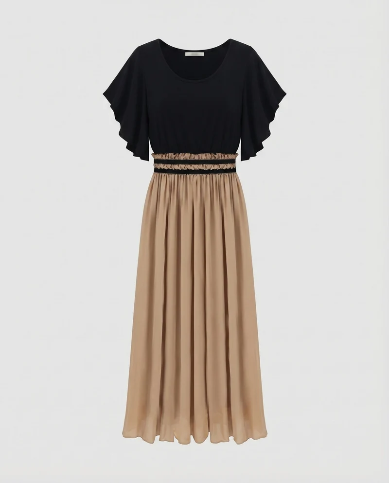 Damen Midaxi-Kleid Rüschenbund Flügelärmel Faltenrock