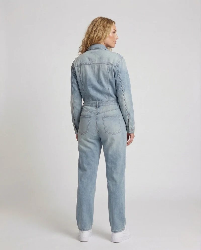 Damen Jeans Overall Gerades Bein Knopfleiste Brusttaschen