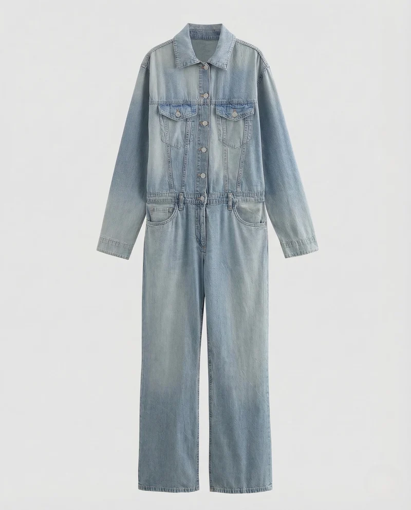 Damen Jeans Overall Gerades Bein Knopfleiste Brusttaschen
