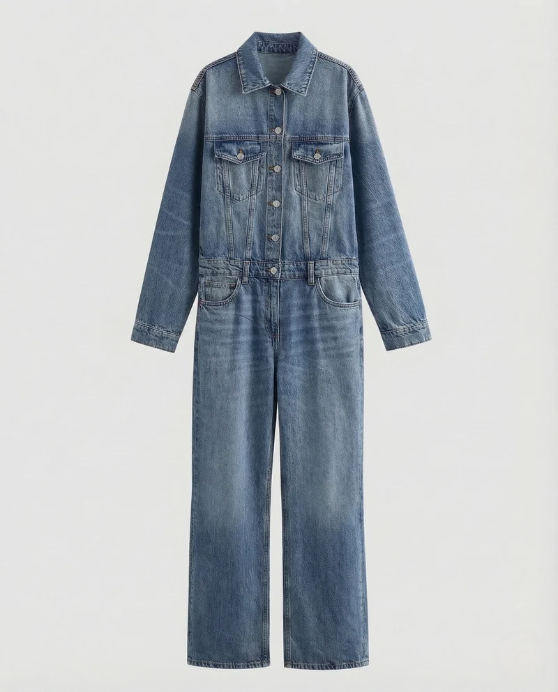 Damen Jeans Overall Gerades Bein Knopfleiste Brusttaschen