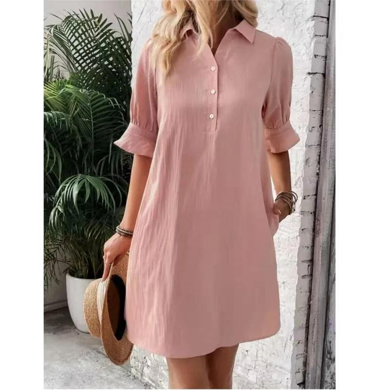 Damen lässiges Hemdkleid mit kurzen Ärmeln und praktischen Taschen