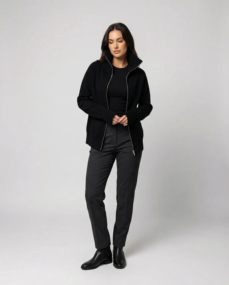 Eleganter Damen Strick Cardigan mit Doppelreißverschluss und hohem Kragen