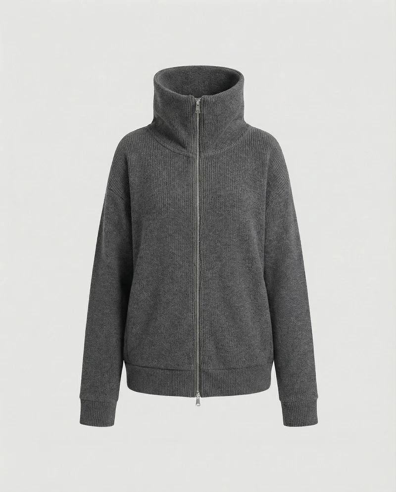 Eleganter Damen Strick Cardigan mit Doppelreißverschluss und hohem Kragen