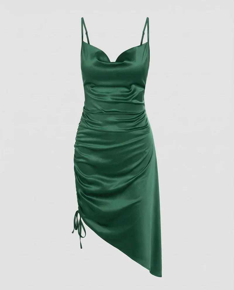 Damen Elegante Seitliche Kordelraffung Satin Satinkleid