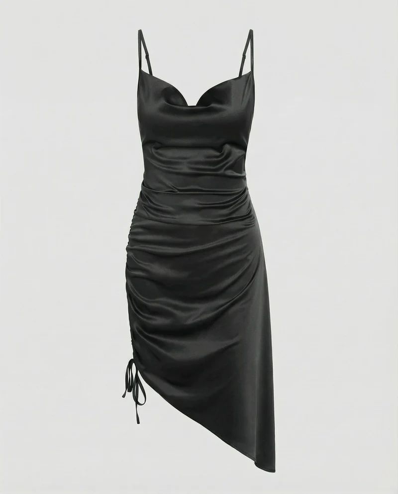 Damen Elegante Seitliche Kordelraffung Satin Satinkleid