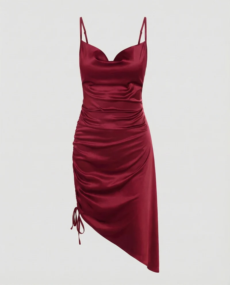 Damen Elegante Seitliche Kordelraffung Satin Satinkleid