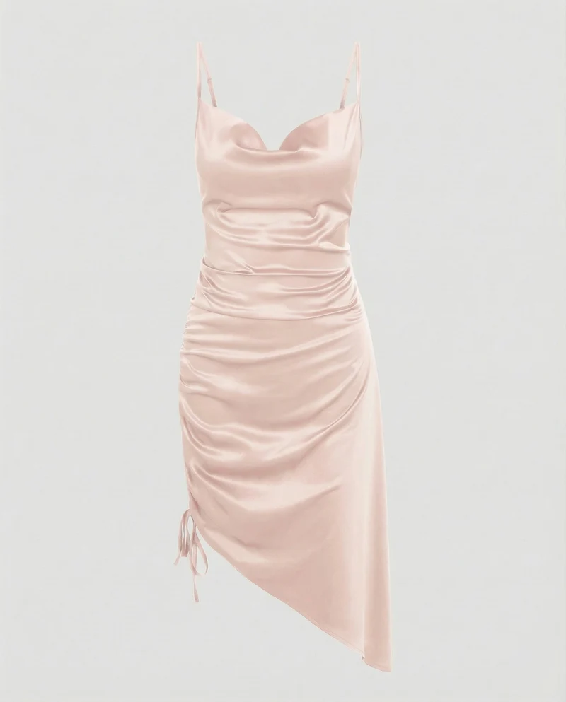 Damen Elegante Seitliche Kordelraffung Satin Satinkleid