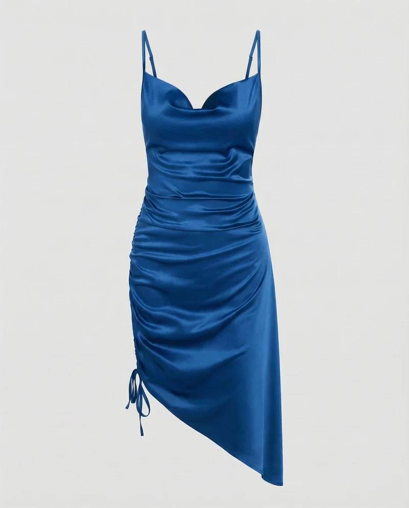 Damen Elegante Seitliche Kordelraffung Satin Satinkleid