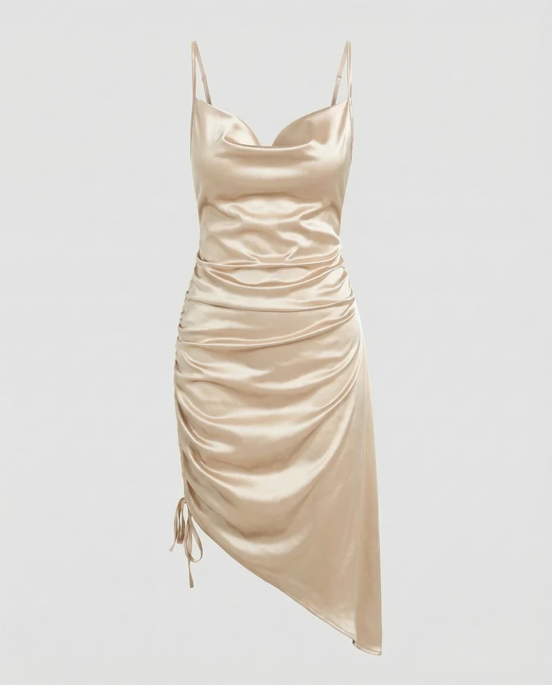 Damen Elegante Seitliche Kordelraffung Satin Satinkleid