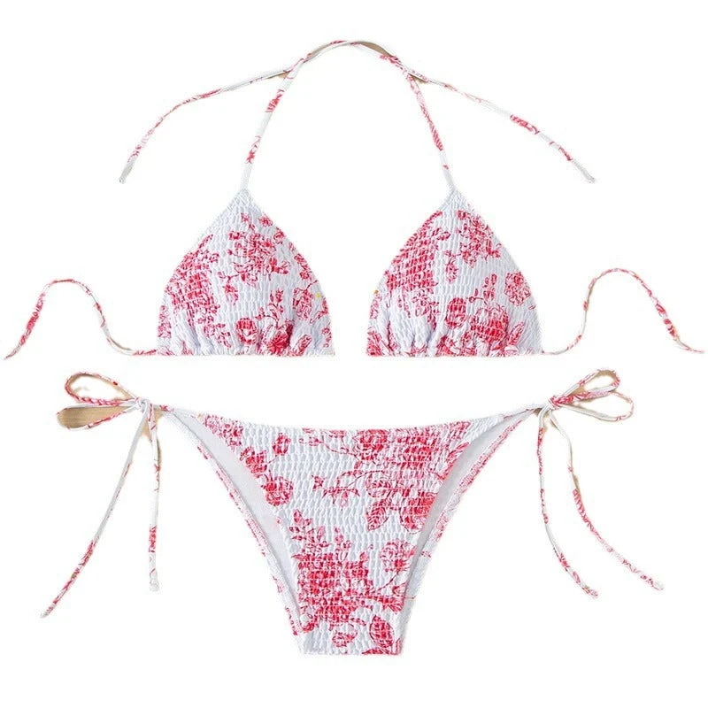 Damen Triangelbikini mit verspieltem Blütenmuster und einstellbaren BindNord Taschenändern Nord Taschen