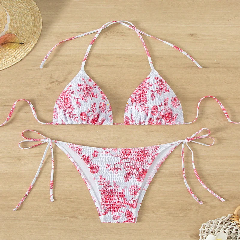 Damen Triangelbikini mit verspieltem Blütenmuster und einstellbaren BindNord Taschenändern Nord Taschen