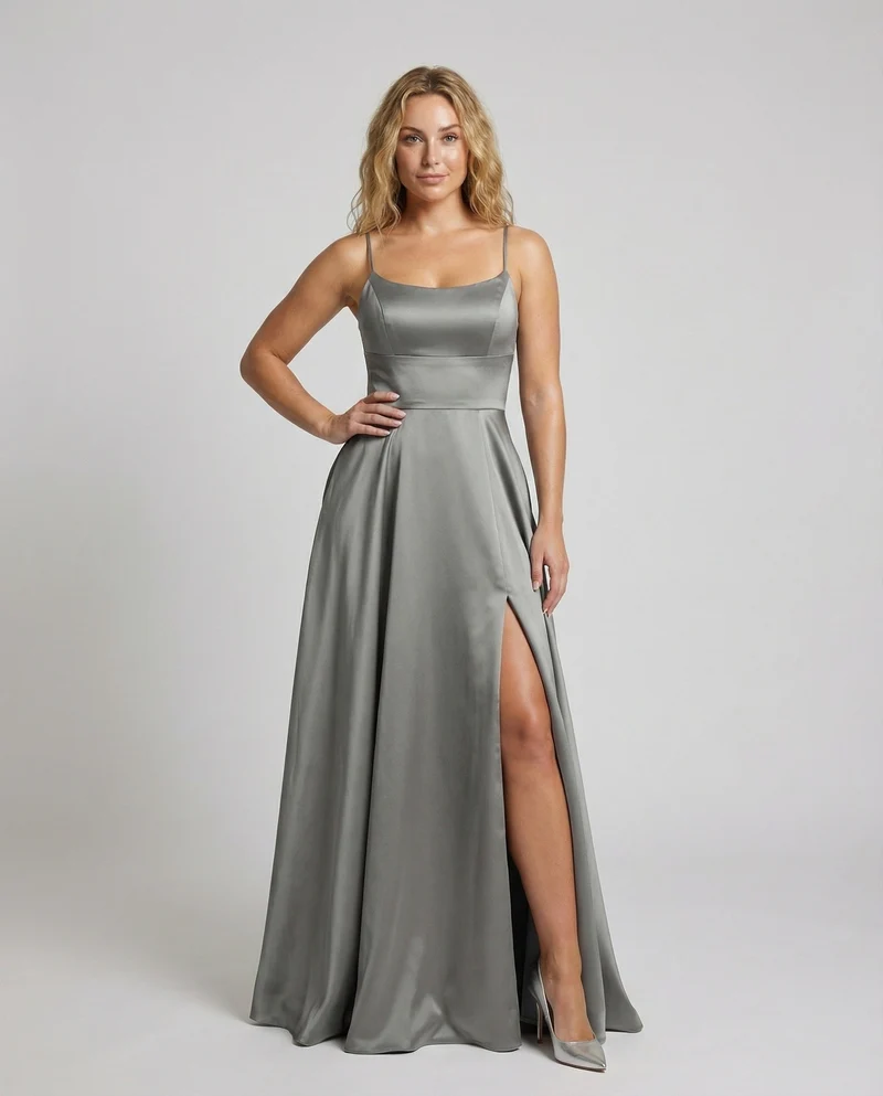 Damen Satin-Maxikleid Spaghettiträger Frontschlitz Taschen
