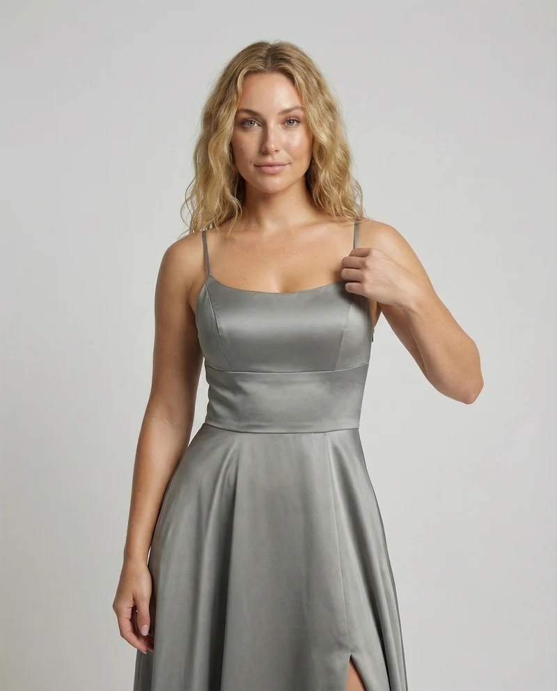 Damen Satin-Maxikleid Spaghettiträger Frontschlitz Taschen
