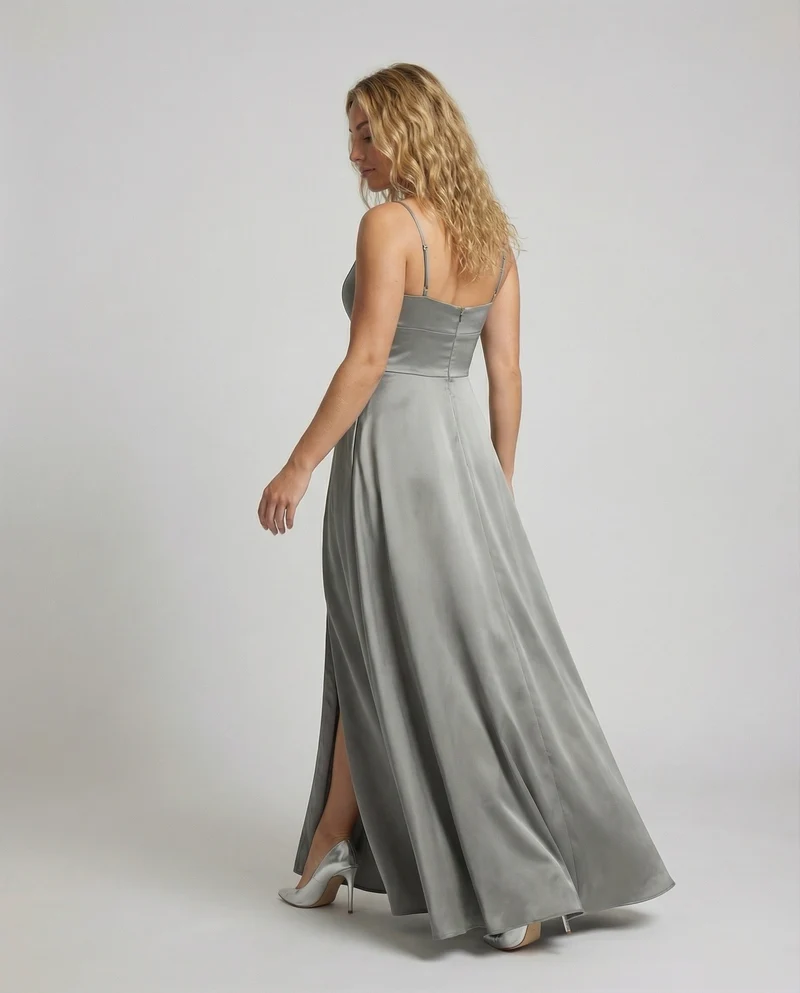 Damen Satin-Maxikleid Spaghettiträger Frontschlitz Taschen