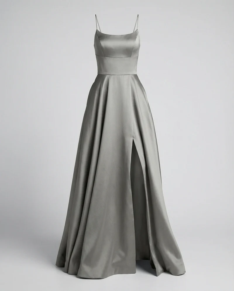 Damen Satin-Maxikleid Spaghettiträger Frontschlitz Taschen