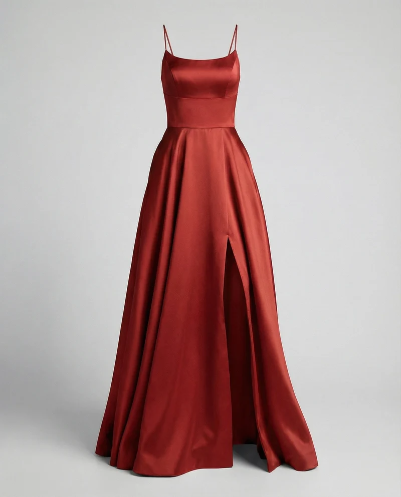 Damen Satin-Maxikleid Spaghettiträger Frontschlitz Taschen