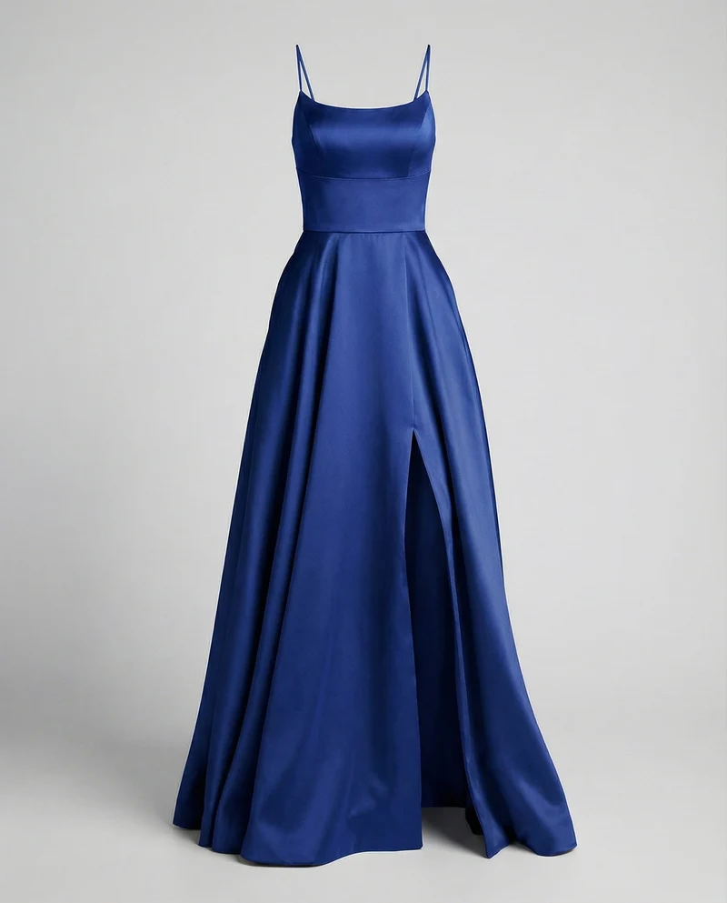 Damen Satin-Maxikleid Spaghettiträger Frontschlitz Taschen