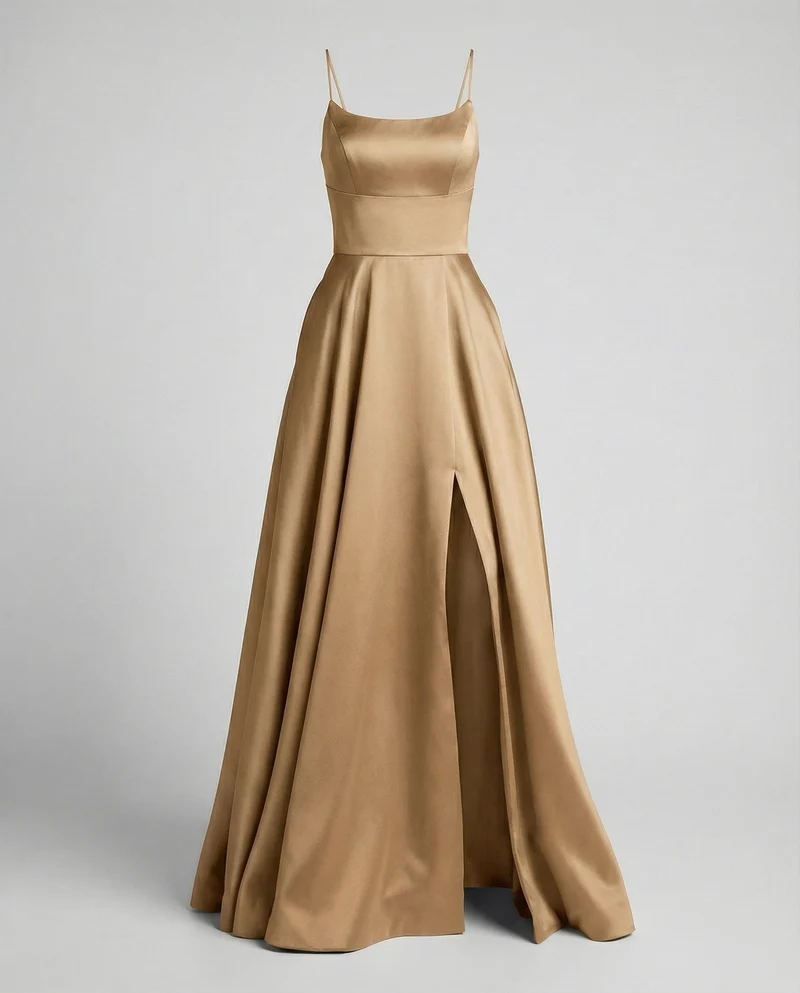 Damen Satin-Maxikleid Spaghettiträger Frontschlitz Taschen