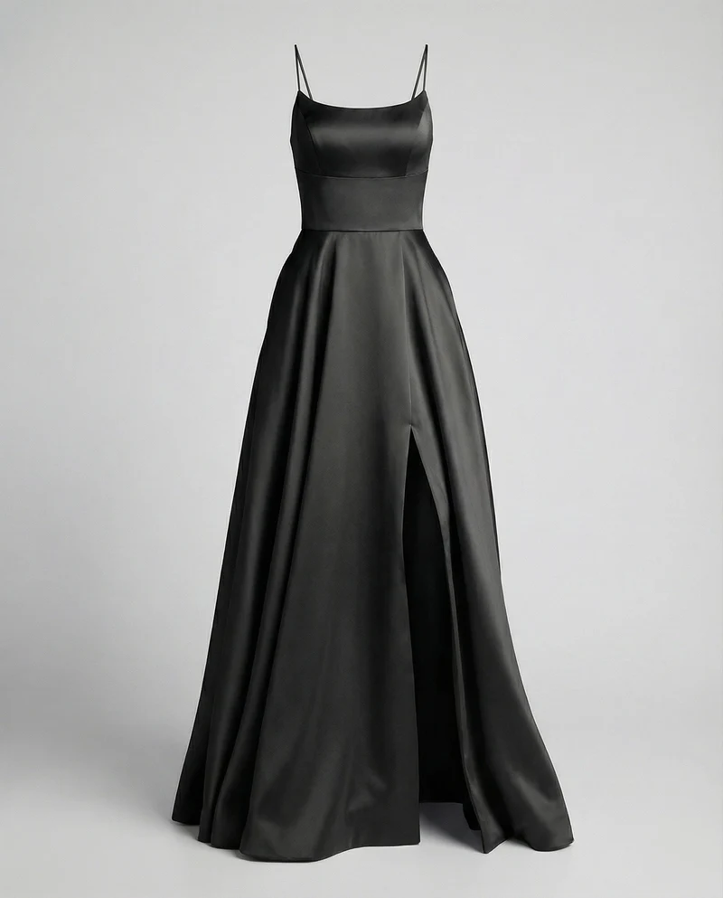 Damen Satin-Maxikleid Spaghettiträger Frontschlitz Taschen