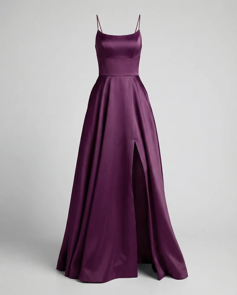 Damen Satin-Maxikleid Spaghettiträger Frontschlitz Taschen