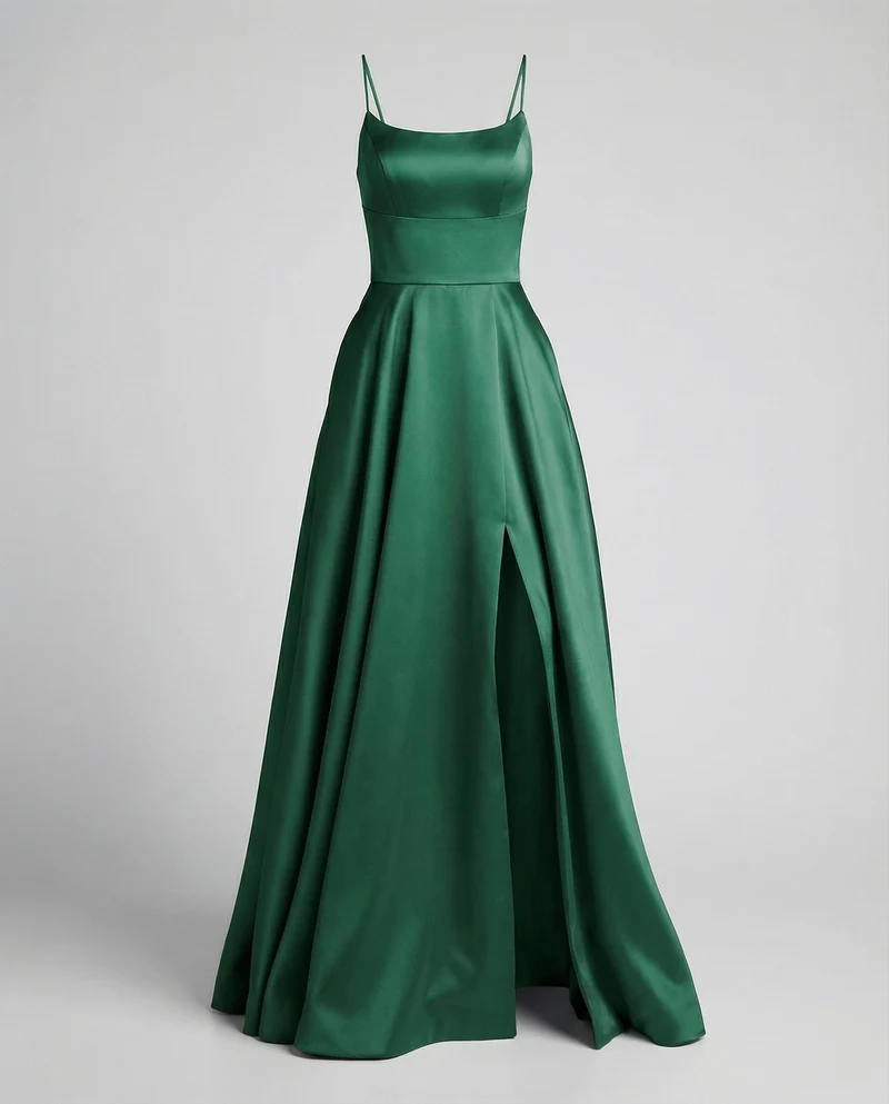 Damen Satin-Maxikleid Spaghettiträger Frontschlitz Taschen