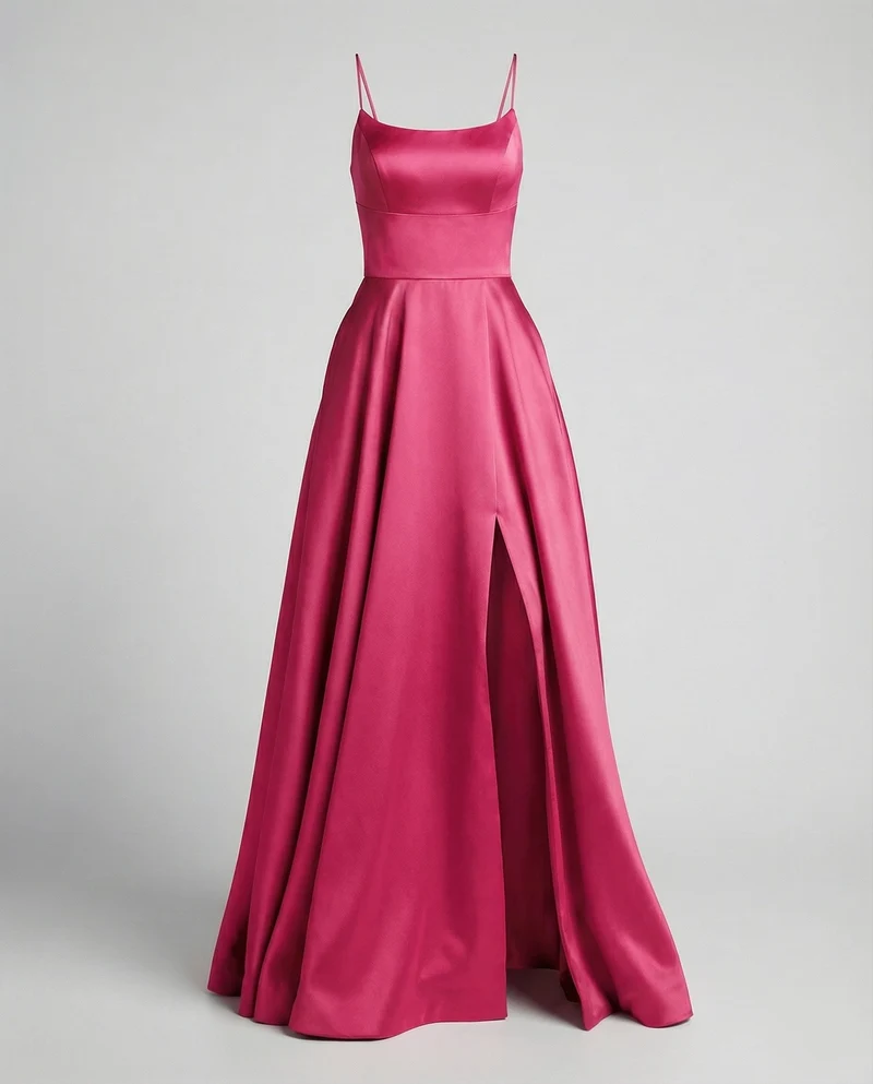 Damen Satin-Maxikleid Spaghettiträger Frontschlitz Taschen