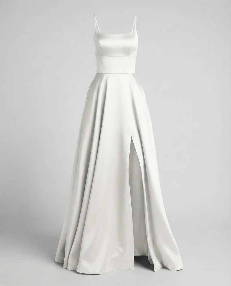 Damen Satin-Maxikleid Spaghettiträger Frontschlitz Taschen